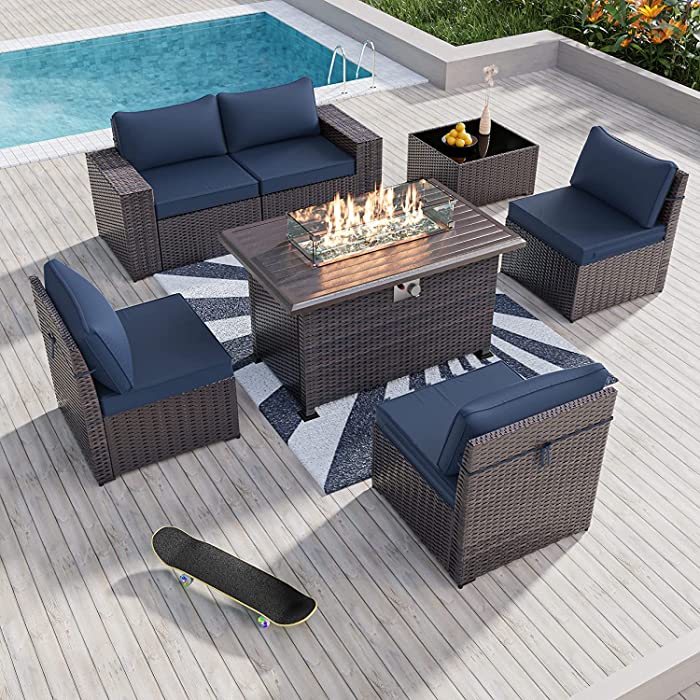 Kullavik 7 Pieces Outdoor Patio Furniture Set with 43" 55000BTU Gas Propane Fire Pit Table PE Wicker Rattan Sectional Sofa Patio Conversation Sets,Navy Blue