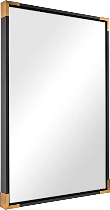 ANDY STAR 24x36 Black Mirror for Bathroom, Matte Black Framed Wall Mirror with Gold Metal Corner, Clean Modern Rectangle Vanity Mirror 2" Thick Design Hangs Horizontal or Vertical