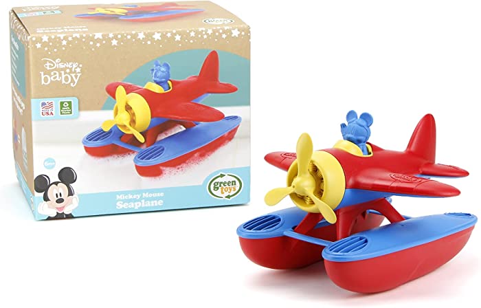 Green Toys Disney Baby Exclusive Mickey Mouse Seaplane, Red/Blue - Pretend Play, Motor Skills, Kids Bath Toy Floating Vehicle. No BPA, phthalates, PVC. Dishwasher Safe, Recycled Plastic, Made in USA.