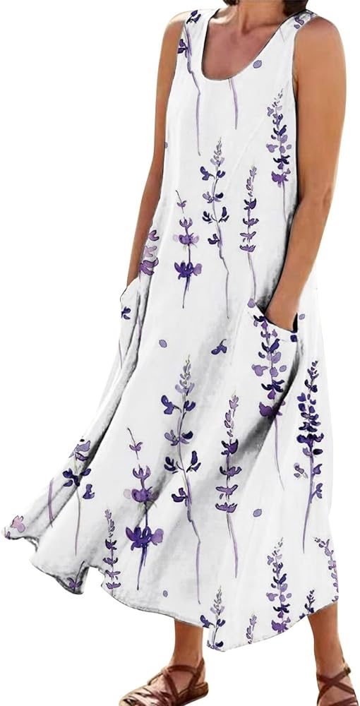 Dresses for Women 2024 Summer Trendy Casual Vacation Beach Floral Tank Dress with Pockets Sleeveless Flowy Long Dress