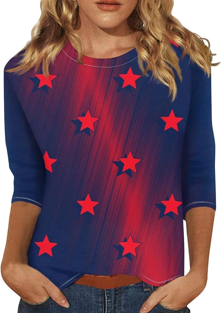 2024 4th of July Women 3/4 Sleeve Holiday Round Neck American Flag Shirts