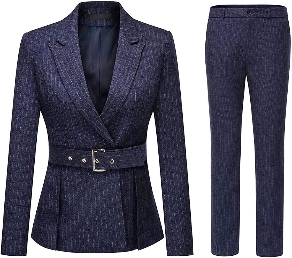 YUNCLOS Women's 2 Piece Office Lady Stripes Business Suit Set Slim Fit Blazer Jacket Pant