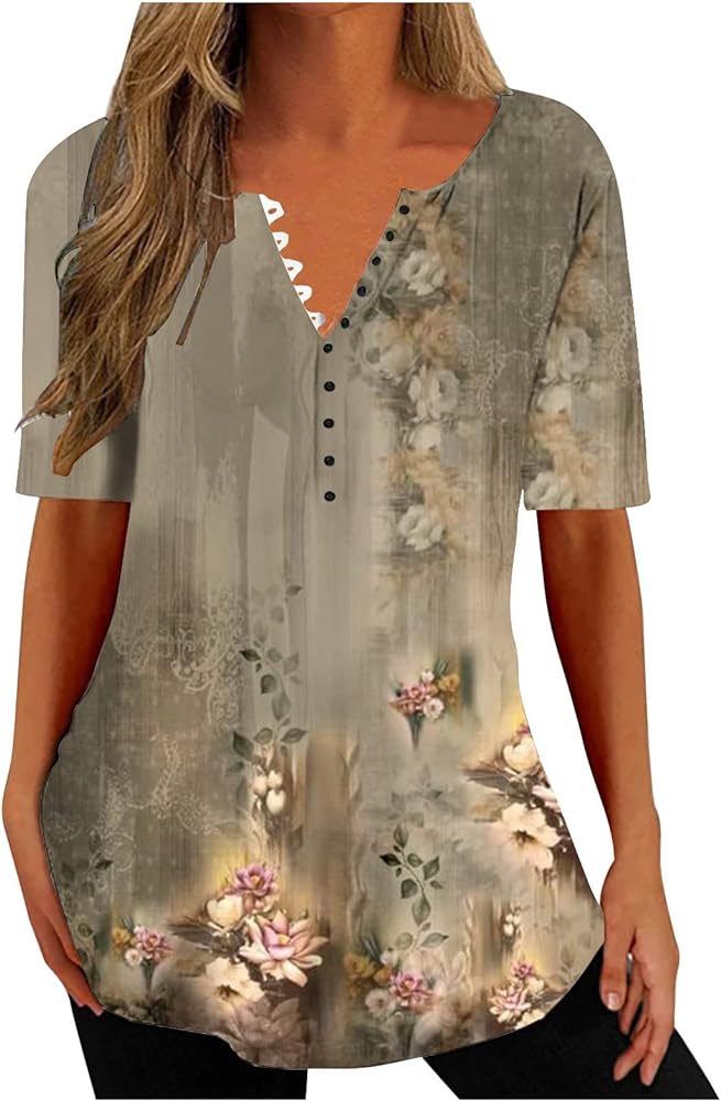 Summer Tops for Women 2024 Trendy Boho V Neck Short Sleeve Tunic Shirts Loose Casual Bohemian Floral Blouse Clothes