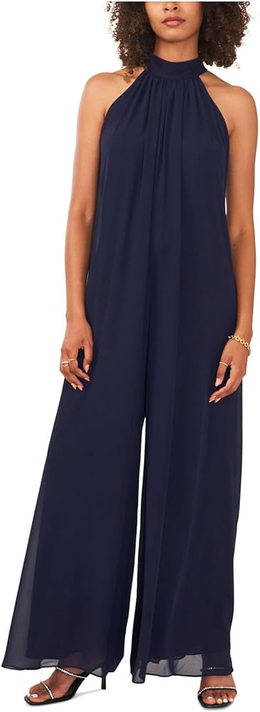 Vince Camuto Womens Navy Lined Zippered Sheer Tie Back Sleeveless Halter Wide Leg Jumpsuit M
