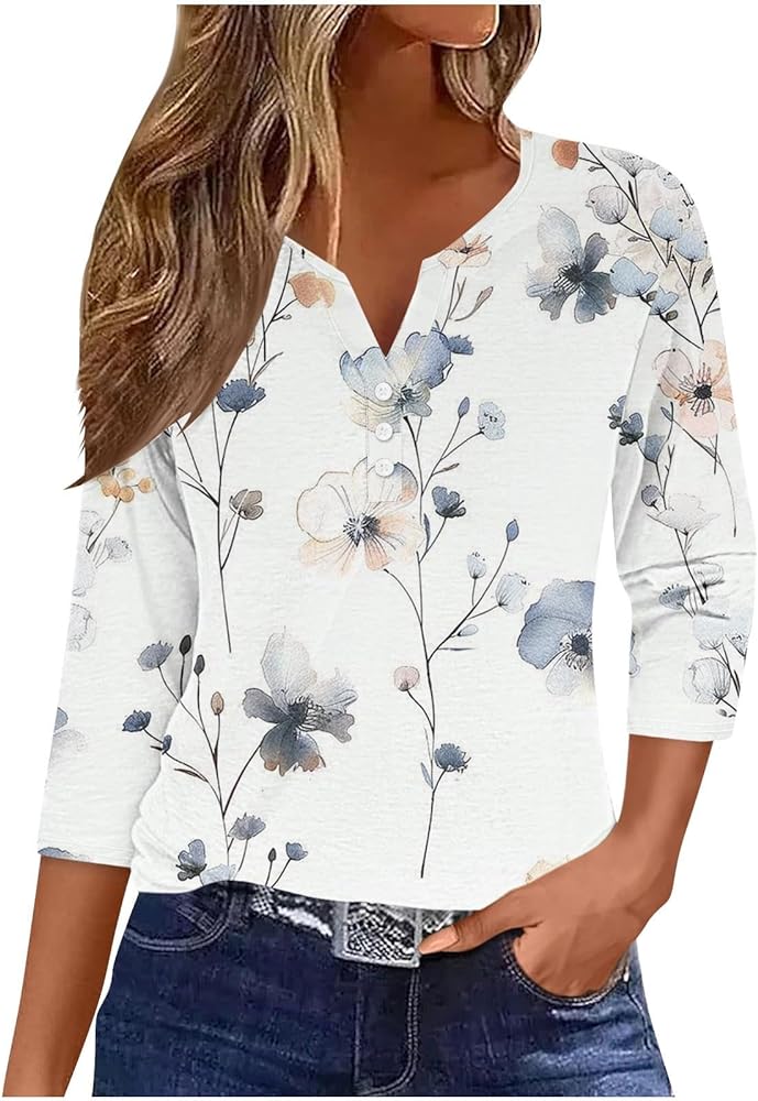 Women Quarter Sleeve Dressy Causal Tops Vintage Pattern Shirts Tshirts Trendy Summer Blouses 2024 Ladies Boho Clothing