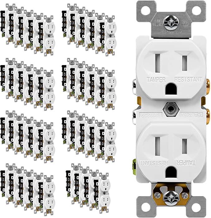 ENERLITES 61580-TR-W-40PCS Duplex Receptacle Outlet, Tamper-Resistant, Residential Grade, 3-Wire, Self-Grounding, 2-Pole,15A 125V, UL Listed, White (40 Pack), 40 Count