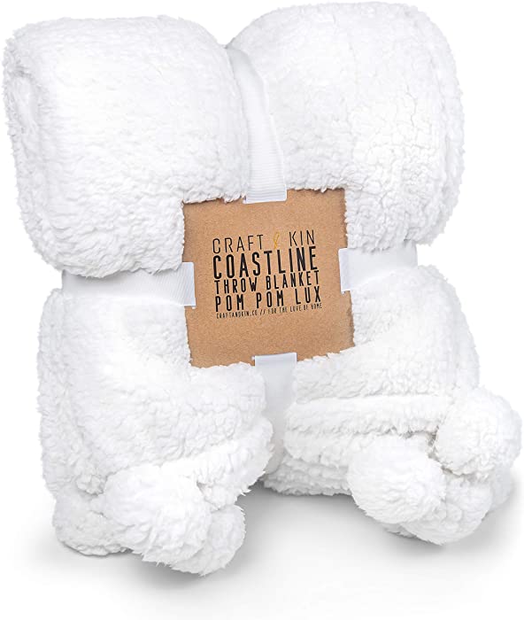 Premium Pom Pom Throw Blanket - White Throw Blanket, Plush Blanket, Soft Throw Blanket, Super Soft Blanket | Throw Blanket for Couch, Fluffy Blanket, Fleece Blanket, Fleece Throw Blanket, 60” x 49.5”