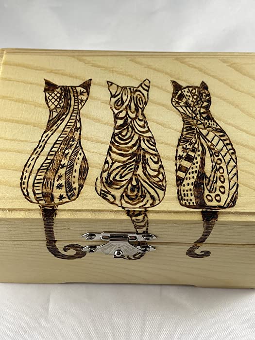 Posh Feline Trio Wood Burn Trinket Box | Wood Burn Art/Pyrography | Treasure Chest | Jewelry or Keepsake Storage | Mandala Cats