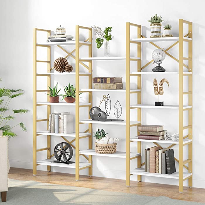 Tribesigns Triple Wide 5-Shelf Bookcase, 5 Tier Etagere Large Open Bookshelf Faux White Marble Look Shelves Wood and Metal Bookcases Furniture for Home & Office, Gold