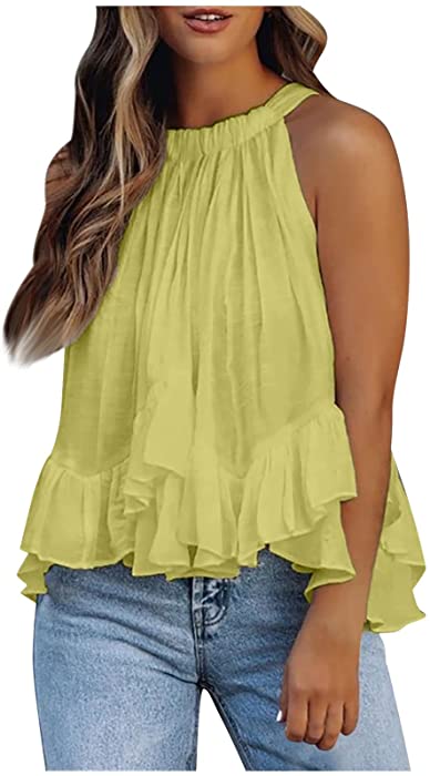 Halter Blouse for Women Summer Floral Print Sleeveless Shirts Tank Top Rufflefd Hem Blouses Pom Pom Flowy Tunic Tops