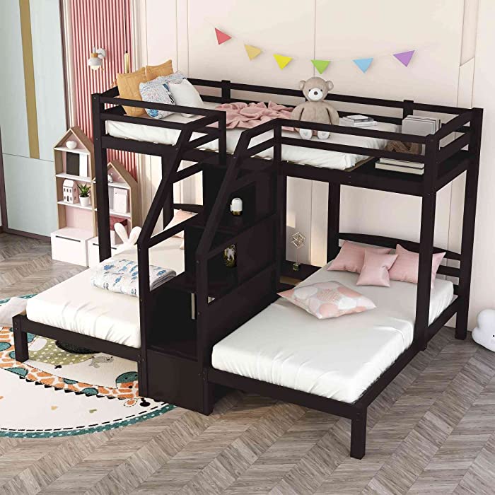 Cotoala Twin Over Twin & Twin Triple Bunk Bed with Built-in Staircase and Drawer for 3, Wood Bedfram w/ Guardrail, Bedroom, Home Furniture, Espresso