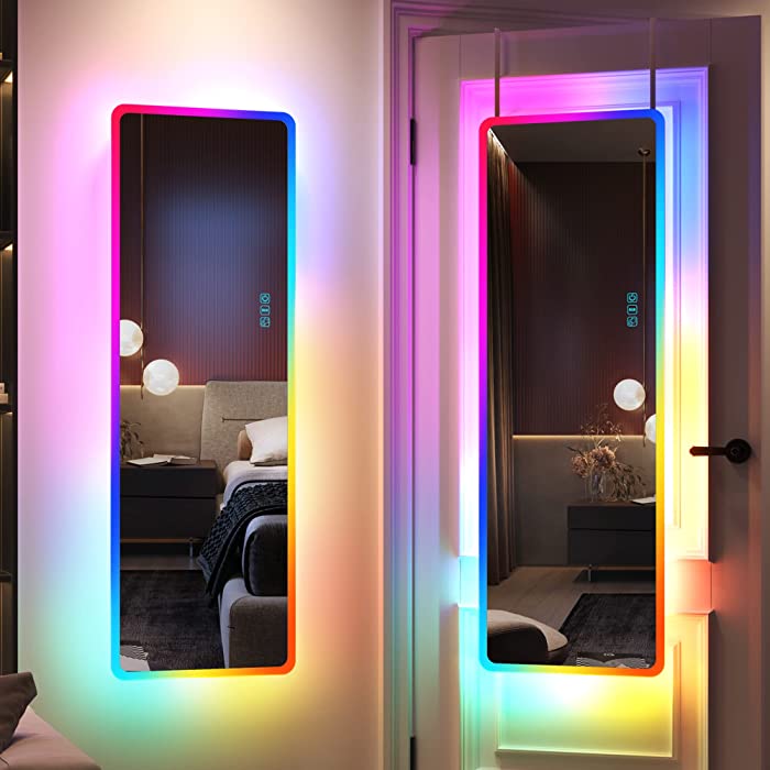 LVSOMT Full Length Mirror with Lights, RGB Color Changing Lighted Mirror, Wall Mounted Full Body Mirror, Over The Door Hanging Mirror, 14 LED Light + Dimmable Brightness + Adjustable Speed, 47" x 16"