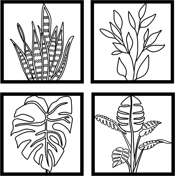 10x10 Inch 4 Pack Black Metal Wall Decor Art, Tropical Leaf Decor, Square Wall Sculptures for Living Room Bathroom Bedroom Dining Room, Black Wall Art for Kitchen