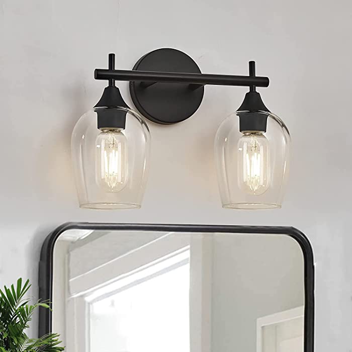 Black Vanity Lights for Bathroom,2-Light Farmhouse Bathroom Light Fixtures with Clear Glass Shade,Vintage Indoor Wall Lighting (Black, 2-Light)