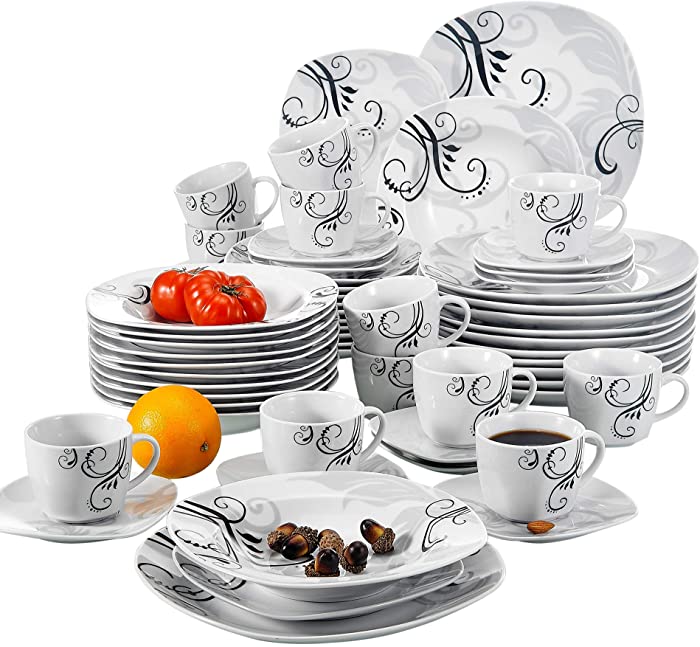 VEWEET 60-Piece Dinnerware Set, Ceramic Cups and Plates Set with Dinner Plate, Soup Plate, Dessert Plate, Saucer and Mug, Service for 12, Zoey Serie