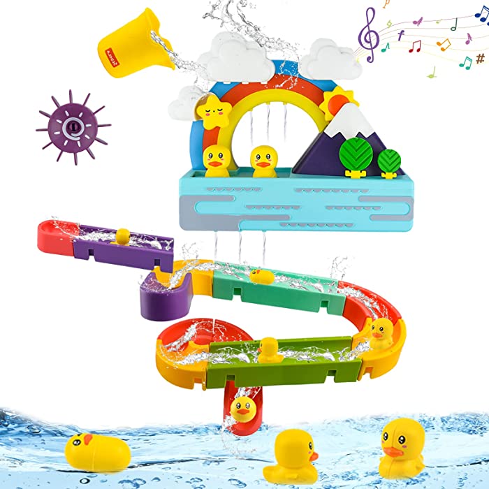 Locisne Bath Toys Water Slide Balls Tracks for Kids, Interactive Light Up & Musical Wall Bathtub Toy Slide with Suction Cup, Toy Duck, Water Toys for Toddlers, Floating Squirting Toy Gift for Boy&Girl