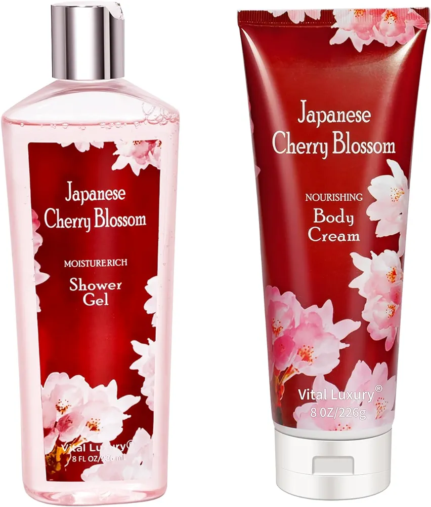 Vital Luxury Japanese Cherry Blossom Shower Gel and Body Cream Set - Nourishing and Moisturizing Daily Skincare - 8 fl.oz/236mL each, Christmas Gifts for Her and Him (Japanese Cherry Blossom)