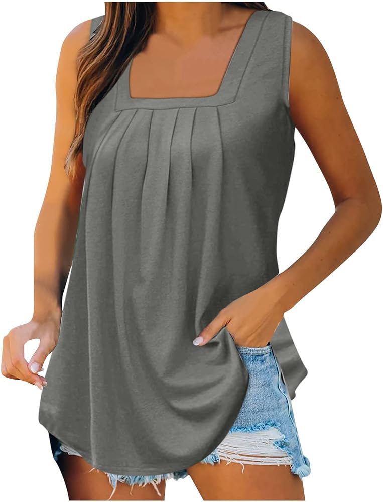 Women 2024 Summer Trendy Tank Tops Cute Square Neck Basic Tunic Tops Loose fit Shirts Casual Beach Resort wear Outfits