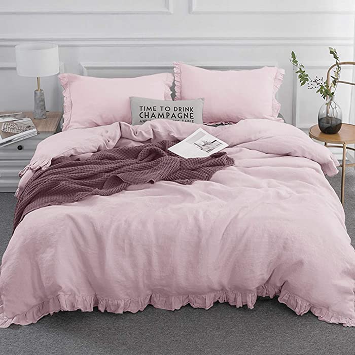 Simple&Opulence 100% Linen Frill Farmhouse Duvet Cover Set,King Size(104''x92''),3 Piece Belgian Flax Bedding(1 Comforter Cover+2 Pillowshams)with Ruffled Edges,Natural Soft and Breathable,Blush Pink