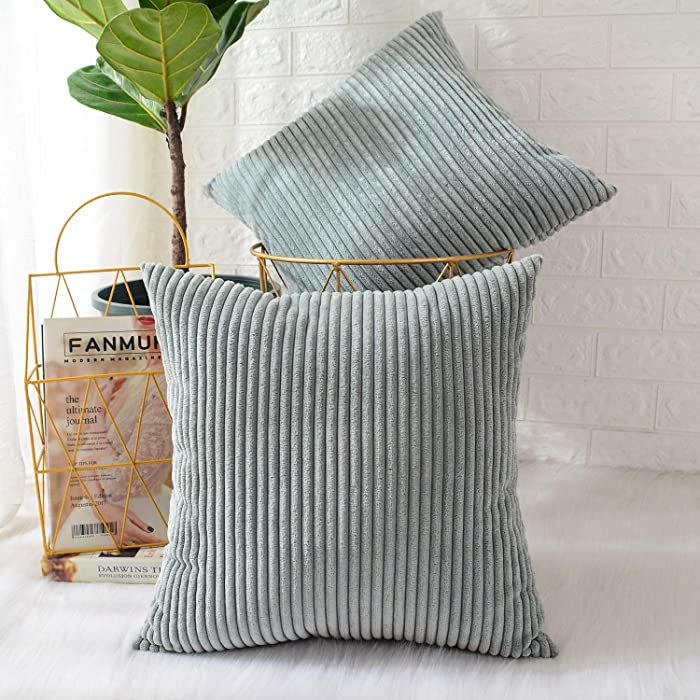 MERNETTE Pack of 2, Corduroy Soft Decorative Square Throw Pillow Cover Cushion Covers Pillowcase, Home Decor Decorations for Sofa Couch Bed Chair 20x20 Inch/50x50 cm (Striped Grey Blue)