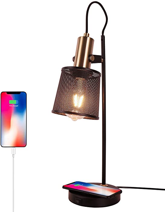 JEUNEU Industrial Black Table Lamps with USB Port,Wireless Fast Charger for bedrooms, Bedside Nightstand Desk Lamps with Adjustable Shade for Office Reading Living