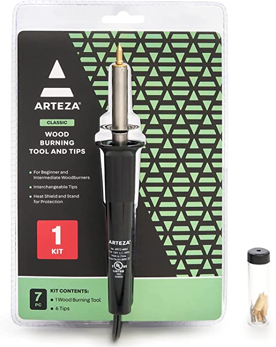 Arteza Wood Burning Kit, 1 Pyrography Pen, 6 Interchangeable Tips, 300–400°C, 25W, Heat Shield and Stand, for Beginners, Intermediates, and Hobbyists