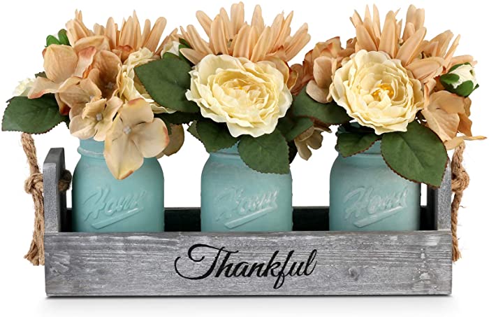 GBtroo Mason Jar Dining Table Centerpieces - Coffee Table Decor with 3 Mason Jars and Flowers - Farmhouse Home Decor Rustic Living Room and Kitchen Decoration Center Piece Farmhouse Centerpieces For Dining Room Table