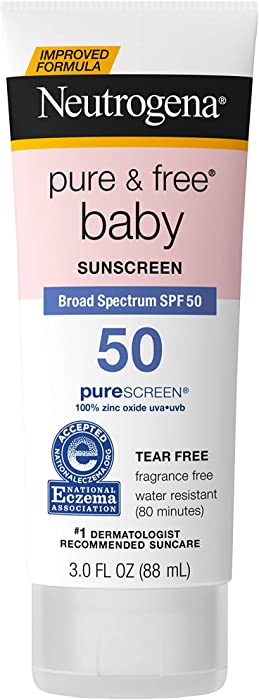 Neutrogena Pure & Free Baby Mineral Sunscreen Lotion with Broad Spectrum SPF 50 & Zinc Oxide, Water-Resistant, Hypoallergenic & Tear-Free Baby Sunscreen, 3 fl. oz