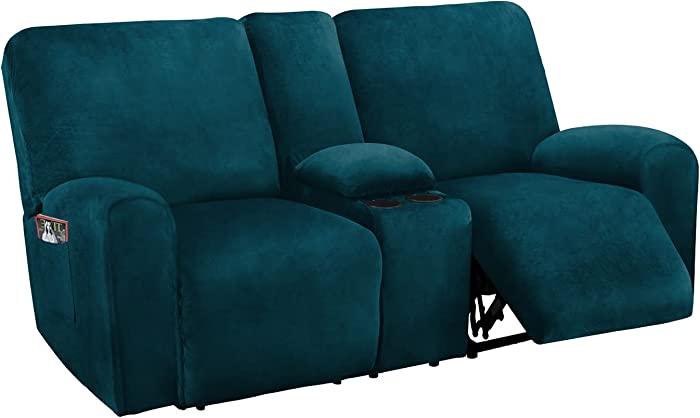 Ultimate Decor Reclining Love Seat with Middle Console Slipcover, 8-Piece Velvet Stretch Loveseat Reclining Sofa Covers, 2 seat Love seat Recliner Cover, Thick, Soft, Washable, (Deep Teal)