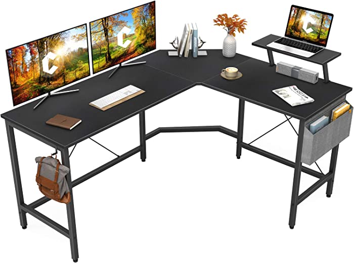 Cubiker Modern L-Shaped Computer Office Desk, Corner Gaming Desk with Monitor Stand, Home Office Study Writing Table Workstation for Small Spaces, Black