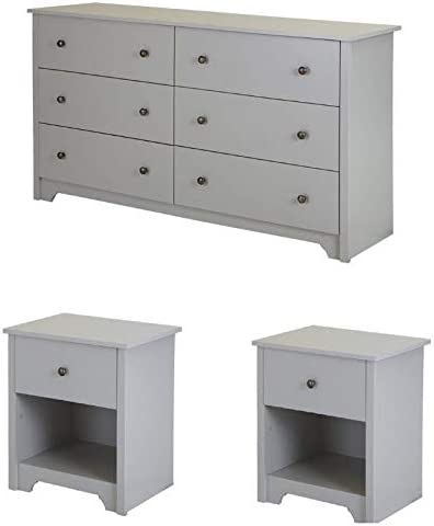 Home Square 6 Drawer Double Dresser and 2 Nightstands Bedroom Furniture Set in Soft Gray