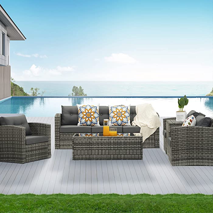 8 Pieces Outdoor Furniture Set, All-Weather Patio Sectional Sofa, PE Rattan Conversation Set with Washable Cushions & Glass Coffee Table, Wicker Couch Seat for Garden & Backyard, Dark Grey