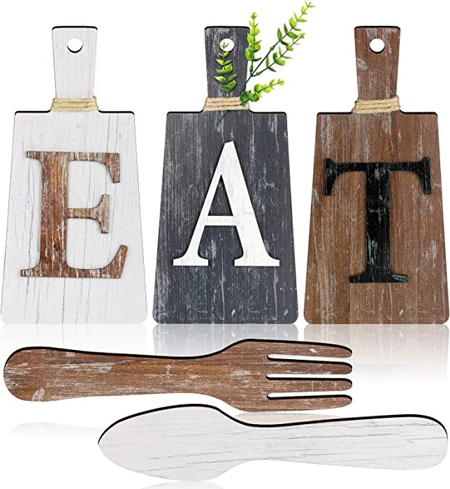 Cutting Board Eat Sign Set Hanging Art Kitchen Eat Sign Fork and Spoon Wall Decor Rustic Primitive Country Farmhouse Kitchen Decor for Kitchen and Home Decoration ()