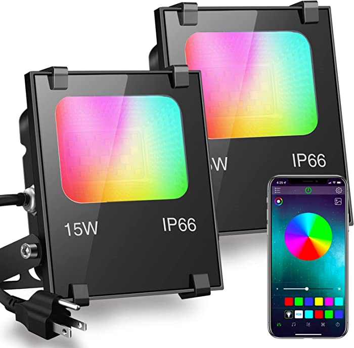 ILC LED Flood Light 100W Equivalent RGB Color Changing, Outdoor Smart Floodlights RGBW 2700K Warm White & 16 Million Colors, 20 Modes, Grouping, Timing, IP66 Waterproof (2 Pack)