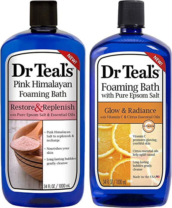 Dr Teal's Foaming Bath Combo Pack (68 fl oz Total), Restore & Replenish with Pink Himalayan, and Glow & Radiance with Vitamin C and Citrus Essential Oils