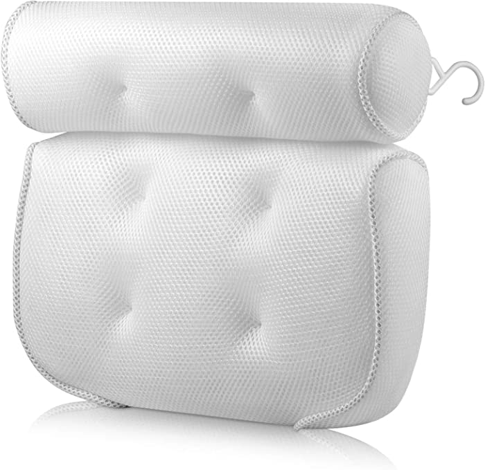 Bath Pillow Bathtub Spa Pillow Tub Neck Pillow Head Neck Back and Shoulder Support Fits All Bathtub, Hot Tub, Jacuzzi, Home Spa with 3D Air Mesh Technology and Non-Slip 6 Suction Cups (White)