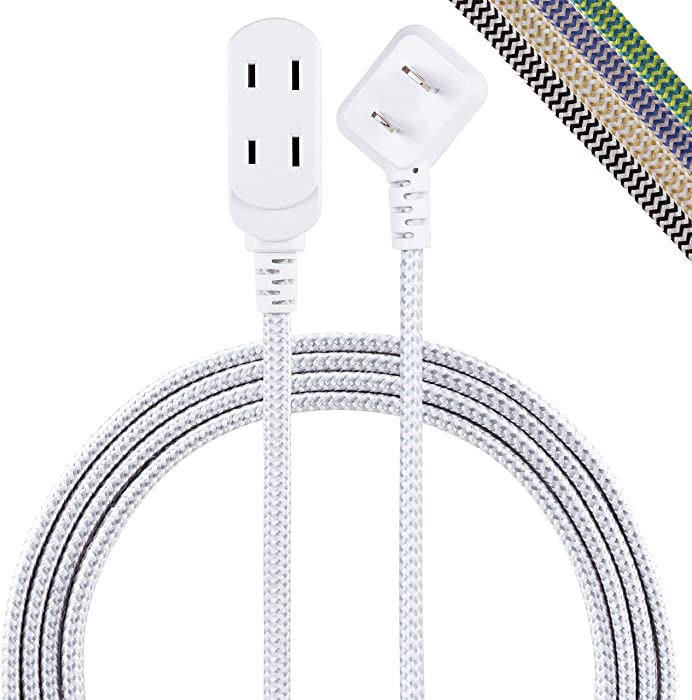 Cordinate Designer 3-Outlet Extension Cord, 8 Ft Braided Cable, 2-Prong Power Strip, Slide-to-Lock Safety, Low-Profile Flat Plug, Polarized, ETL Listed, White/Gray, 39980