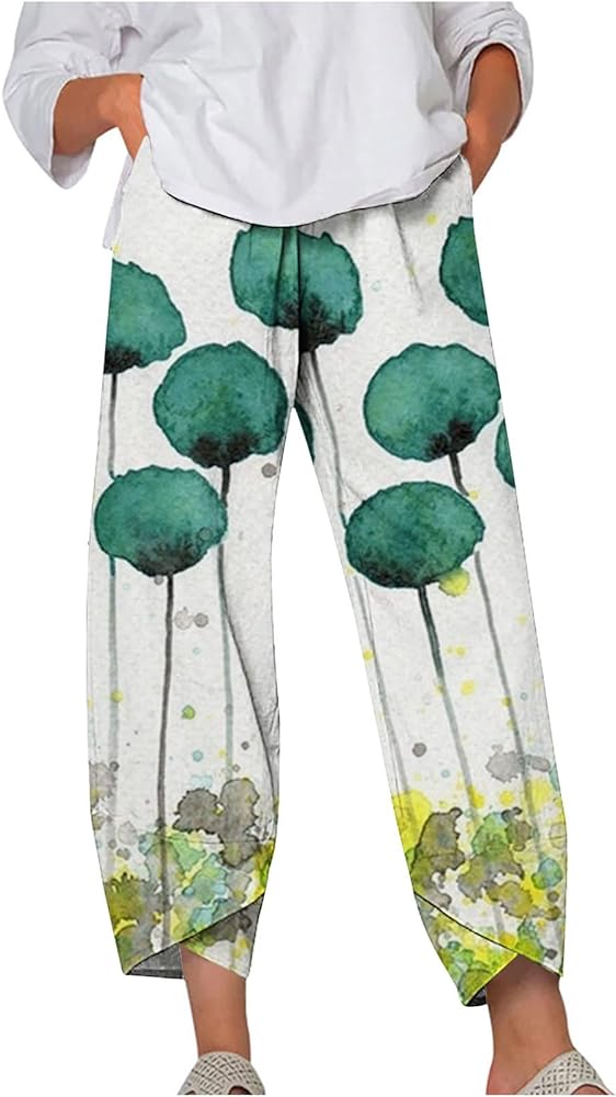 SMIDOW Womens Boho Floral Print Linen Pants Casual Loose Drawstring High Waist Cropped Capris Straight Leg Lounge Trousers