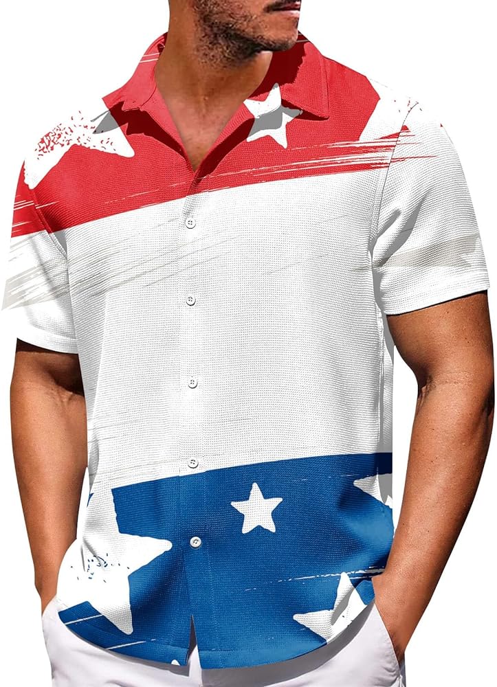 Mens Short Sleeve Button Down Collar Fashion American Flag Polo Shirts