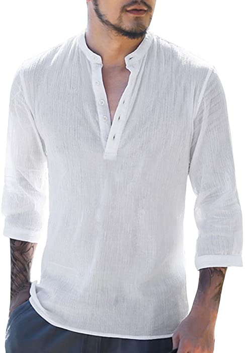 Karlywindow Mens Linen Henley Shirt Long Sleeve Cotton Beach Yoga Loose Fit Henleys Tops