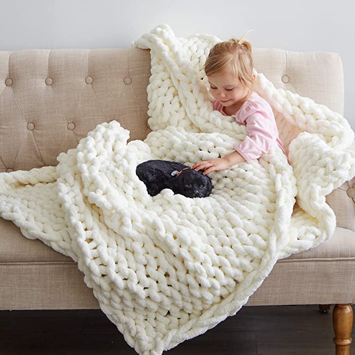 SahYo Large Soft Chenille Blanket (50" X 60") - Pom-Poms - Luxury Bedroom Throw - Chunky Knit Decor - Lightweight - Easy Wash -Braided - Hypoallergenic - Perfect for Cuddling -Off White