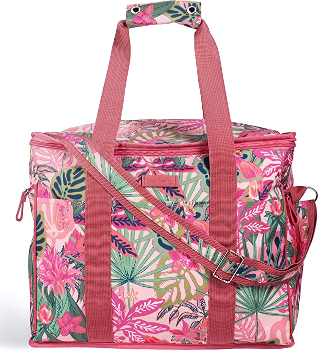 Vera Bradley Leak Resistant Insulated Cooler Bag Large Capacity, Soft Sided Collapsible Cooler, Portable Beach Tote Bag with Handles and Adjustable Shoulder Strap, Rain Forest Canopy Pink