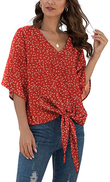 VIISHOW Womens Tie Front Chiffon Blouses V Neck Batwing Short Sleeve Summer Tops Shirts