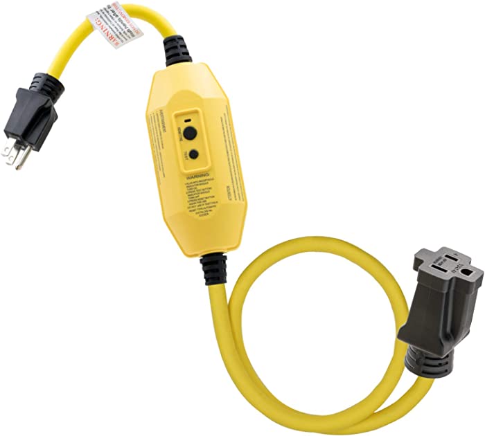 AIDA 2FT Auto Reset 12/3 Gauge SJTW Heavy Duty GFCI Extension Cord with 3 Prong Grounded Plug, 15 AMP Yellow Outdoor Extension Cable with LED Lighted, 3 Electrical Power Outlets, UL Listed, 1 Pack