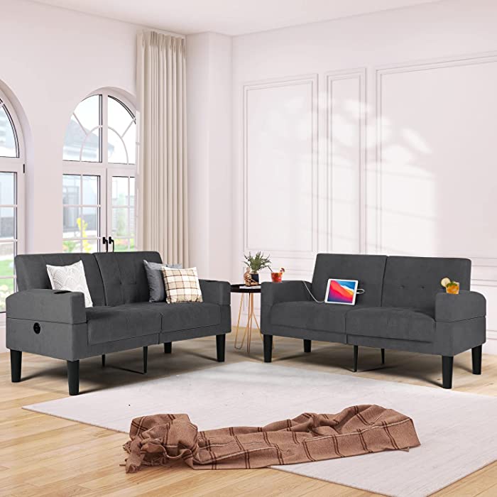 TYBOATLE Linen Upholstered Modern USB Love Seats Sofa Set of 2, Fabric Loveseat Furniture with/Removable Armrests, 2 Cup Holders, Suitable for Compact Living Room Space, Apartment, Dorm (Dark Grey)