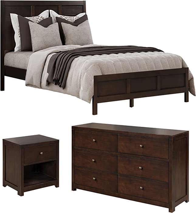 Deluxe Contemporary Bedroom Furniture Set Vintage Aesthetic Bedroom Set Durable Wood Frame Exquisite Craft in Classic Rich Brown (3 Pcs Full Size Set (Bed+ Nightstand+ Dresser))