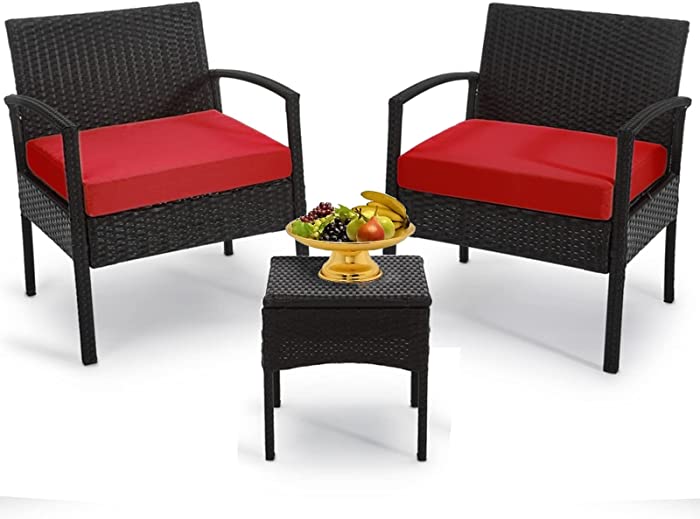 Outdoor Furniture 3 Piece Patio Set Balcony Furniture Outdoor Bistro Set Wicker Chair for Balcony Backyard Porch with Table and Cushions Red