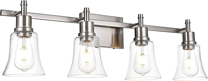 TULUCE 4-Light Bathroom Vanity Light Fixtures,Industrial Wall Lighting with Clear Glass Shade, Brushed Nickel Finished Wall Sconce Lighting Metal Indoor Wall Lamp for Mirror, Living Room, Bedroom