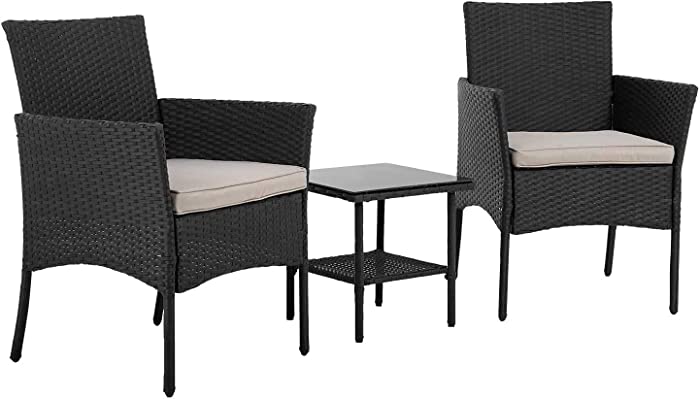 Patio Furniture Sets 3 Pieces Outdoor Wicker Bistro Set Rattan Chair Conversation Sets with Coffee Table for Yard/Backyard Lawn Porch Poolside Balcony,Black