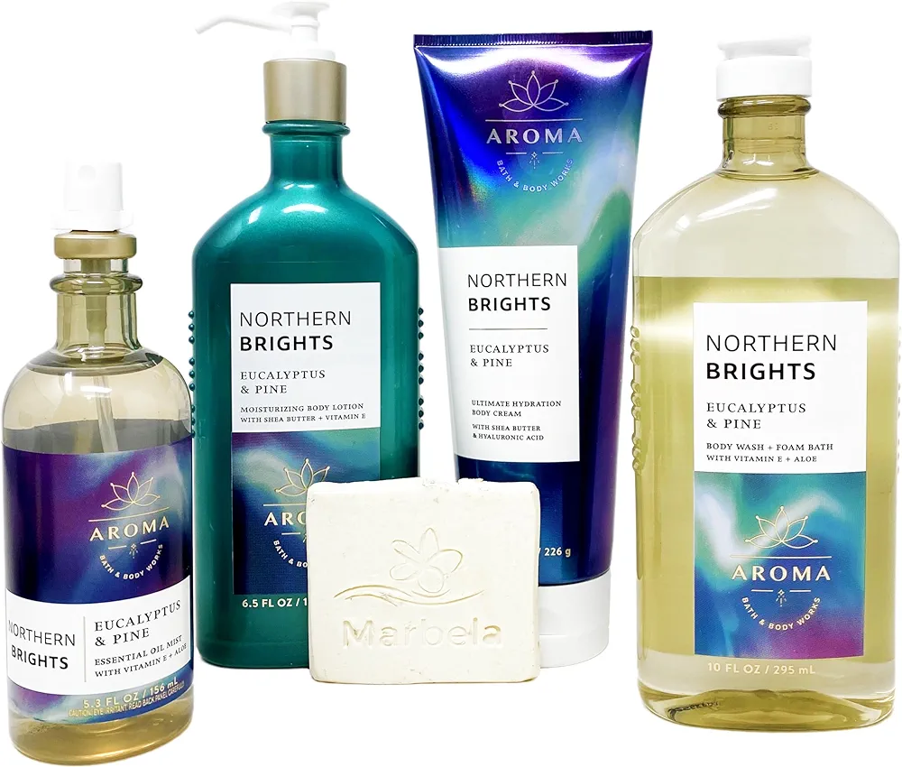 Bath & Body Works Aromatherapy Northern Brights Eucalyptus & Pine - Deluxe Gift Set - Body Lotion, Body Wash, Body Cream and Essential Oil Pillow Mist With a Natural Oats Sample Soap.